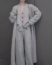 V-Neck Knit Coat + Vest + Wide-Leg Trouser 3-Piece Set
