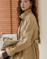 Stand-Collar Belted Trench Coat