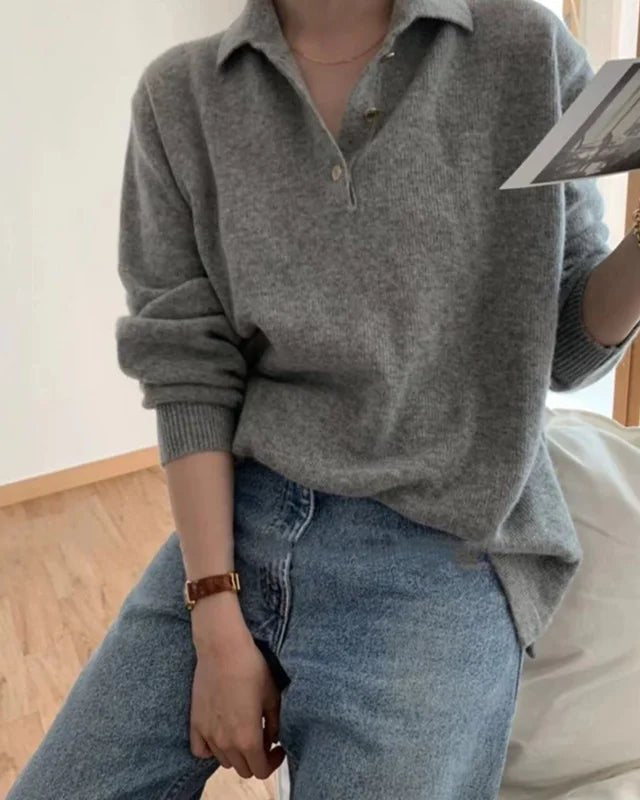 Polo Collar Gray Wool Sweater