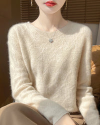 100% merino wool O-neck hollow-out pullover sweater. Extra-heavy, medium stretch — a thick, warm geometric casual autumn winter knitwear bottoming top for women.