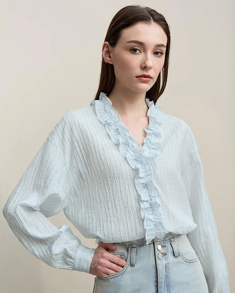 Ruffled V-Neck Long-Sleeved Loose-Fitting Shirt