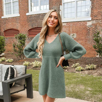 Long Sleeve V-Neck Mini Knitted Dress
