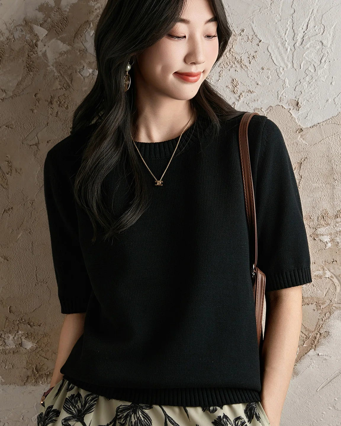 Pure Cotton Crew-Neck Short-Sleeve Knit Top