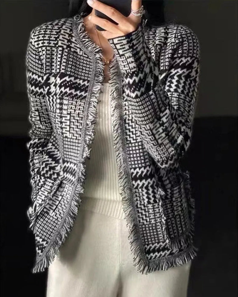 Houndstooth Fringe Cashmere Open Cardigan