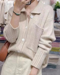 Pure Wool Lapel Pocket Solid Thick Knit Cardigan