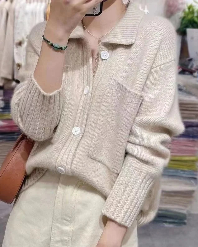 Pure Wool Lapel Pocket Solid Thick Knit Cardigan