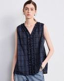 Lightweight cotton V-neck sleeveless top with lace and plaid detail. Loose pullover fit — relaxed boho style for warm-weather casual and everyday wear.