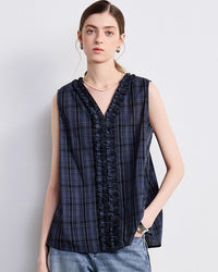 Lightweight cotton V-neck sleeveless top with lace and plaid detail. Loose pullover fit — relaxed boho style for warm-weather casual and everyday wear.