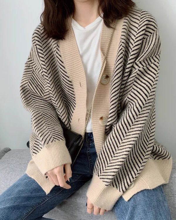 Oversized V-Neck Striped Cardigan
