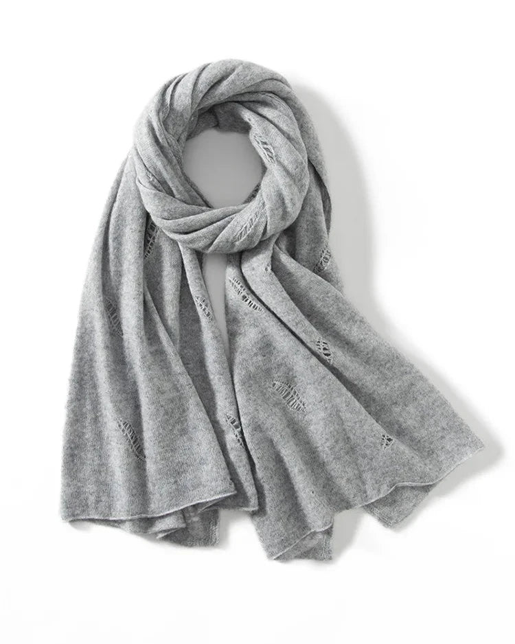 Wool cashmere openwork wrap shawl scarf. 65% wool, 35% cashmere, 180x70cm, lightweight — an elegant pashmina-style winter wrap for women.