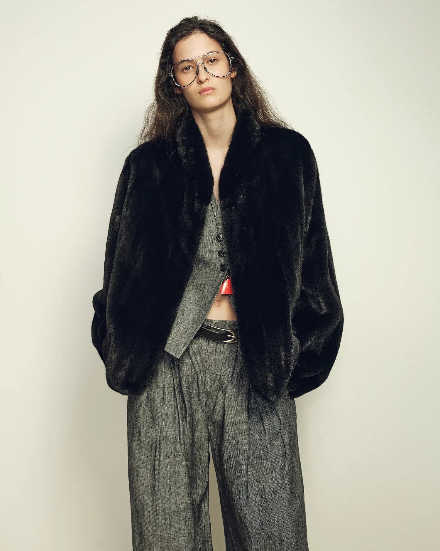 Faux Mink Fur Solid Stand Collar Pocket Short Coat