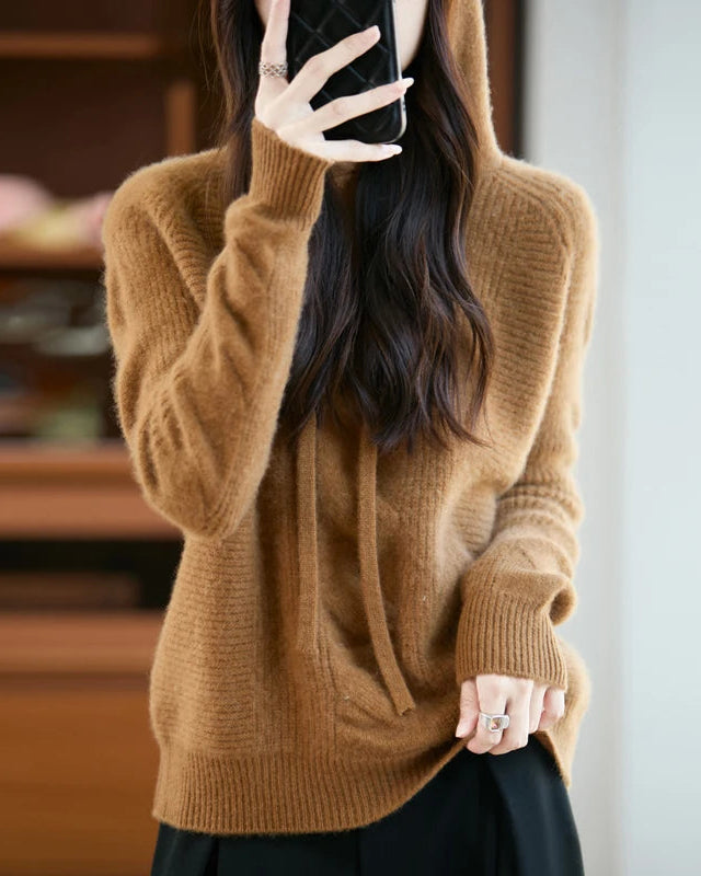 Merino Wool Hooded Cable Pullover Sweater
