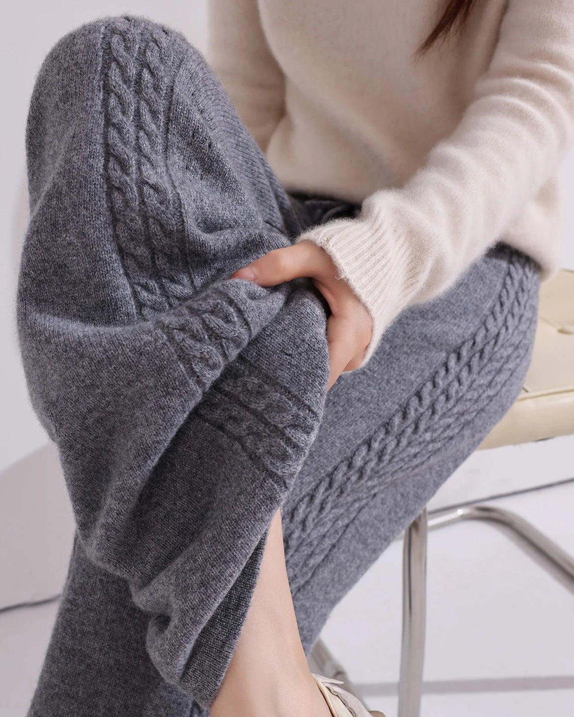 Cable-Knit Wool Wide-Leg Pants
