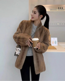 Faux Mink Fur Solid V-Neck Pocket Short Coat