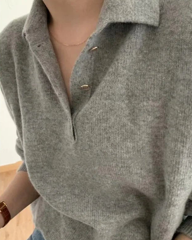 Polo Collar Gray Wool Sweater