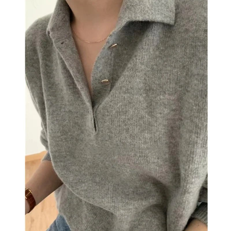 Polo Collar Gray Wool Sweater