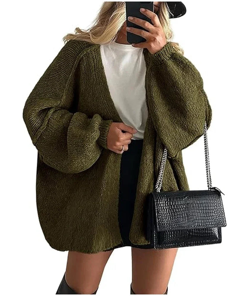 Solid V-Neck Loose Long Knit Cardigan Coat