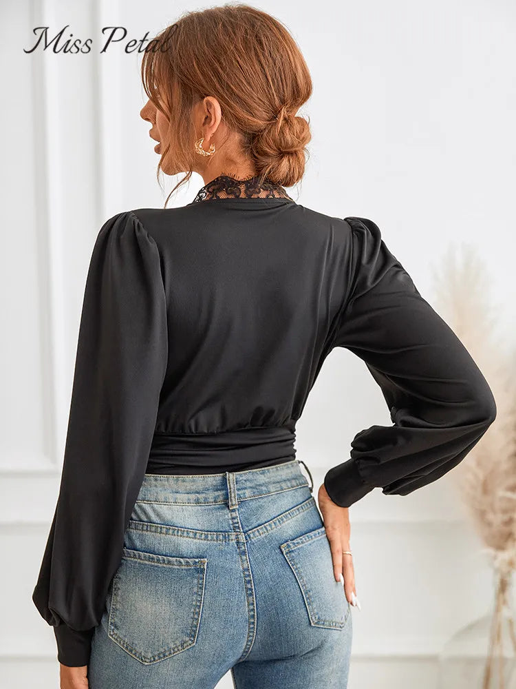 Plunge Neck Black Long Sleeve Bodysuit