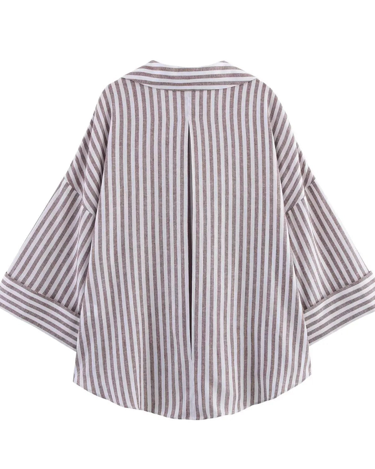 Casual Rolled-Up Wide-Sleeve Striped Shirt