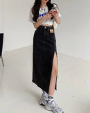 Side-Slit Denim Pencil Skirt