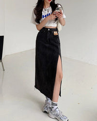 Side-Slit Denim Pencil Skirt