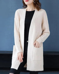 Solid V-Neck Open-Front Pocket Loose Knit Cardigan