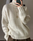 Pure Cashmere Plaid Turtleneck Loose Thick Knit Pullover