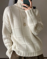 Pure Cashmere Plaid Turtleneck Loose Thick Knit Pullover