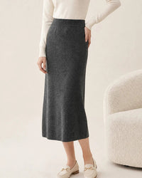Cashmere A-line midi skirt for women with solid knit finish, elastic waistband and gently flared silhouette, a warm fall-winter midi skirt for everyday cool-weather wear.