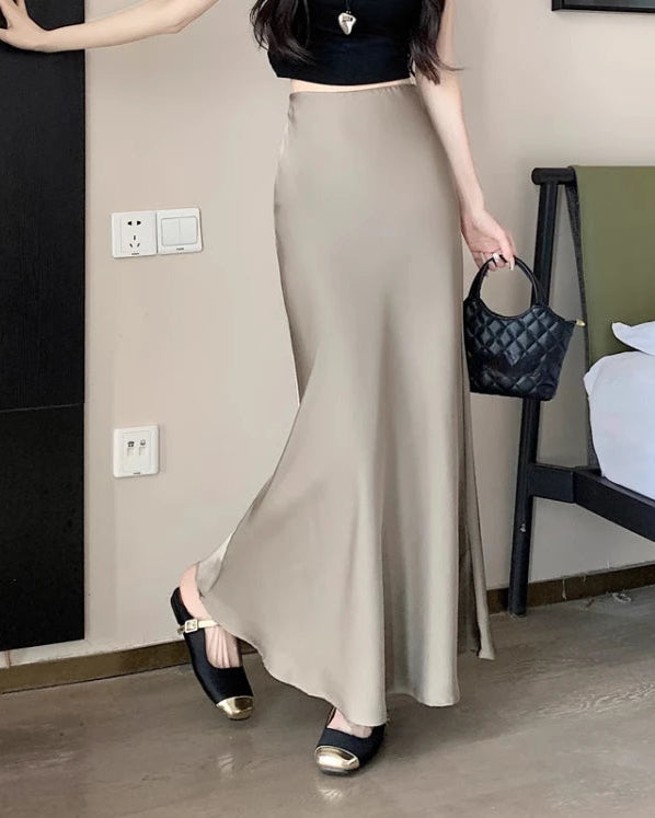 Satin High-Waist Midi Skirt