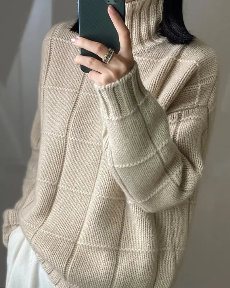 Pure Cashmere Plaid Turtleneck Loose Thick Knit Pullover