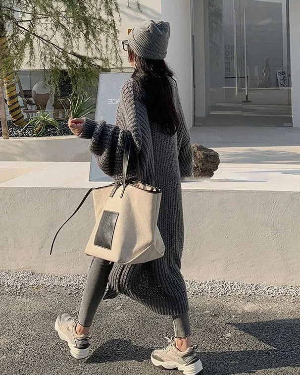 Slouchy Long Ribbed Cardigan With Pockets