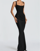 Solid Color Pleated Backless Fitted Evening Dress