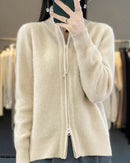 Merino Wool Blend Double Zip Tassel Open Cardigan