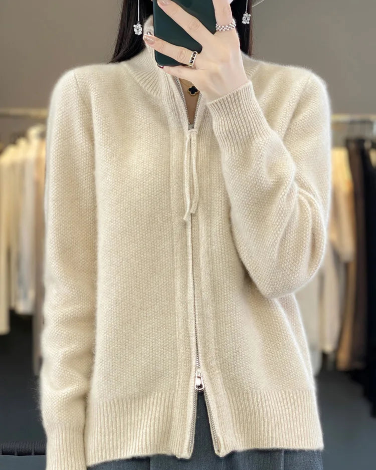 Merino Wool Blend Double Zip Tassel Open Cardigan