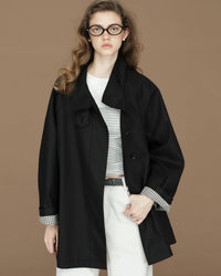 Contrast-Cuff Stand-Collar Short Trench Coat