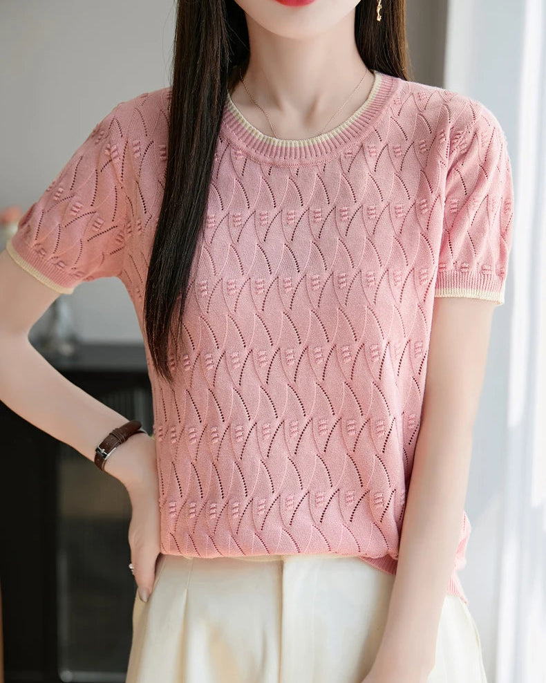 Cotton Jacquard Colorblock Knit Tee
