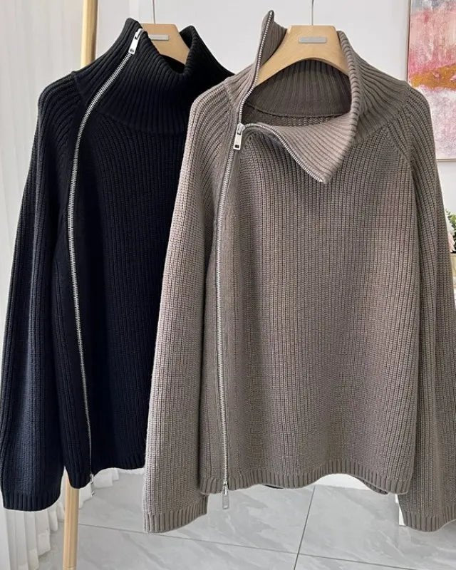 Oversized Irregular Zipper High Neck Cashmere Sweater