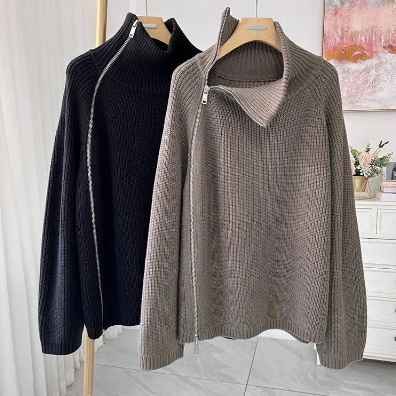 Oversized Irregular Zipper High Neck Cashmere Sweater
