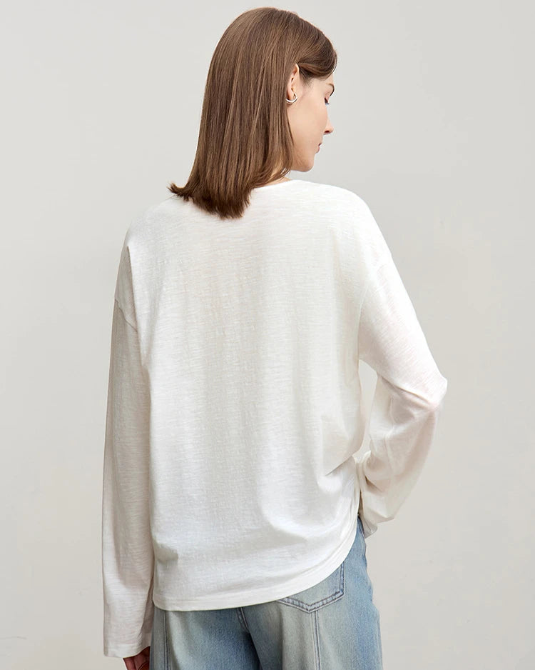 Long-Sleeved V-Neck Loose-Fitting Pullover T-Shirt