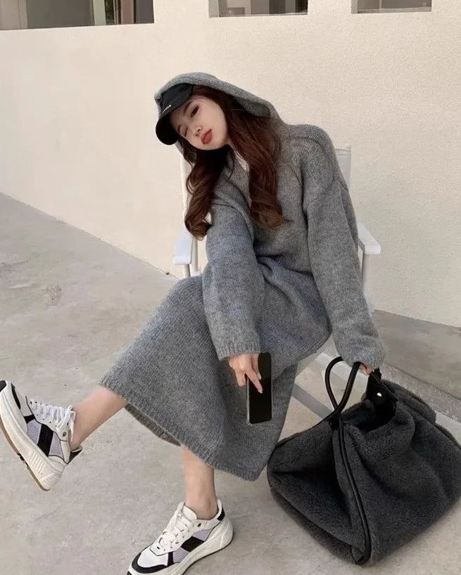 Cashmere Hooded Knit Midi Sweater Dress