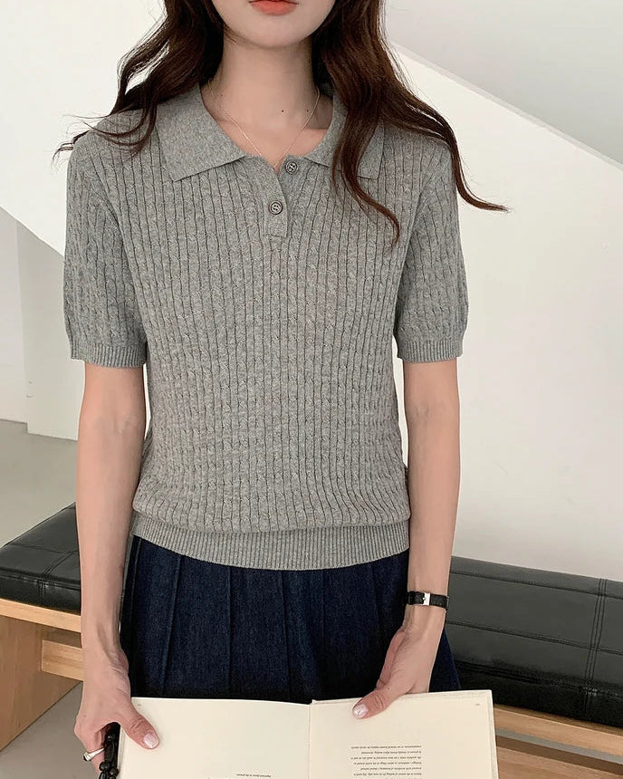 Polo Collar Button-Down Knit Top