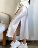 Acetate Satin Side-Slit A-Line Midi Skirt