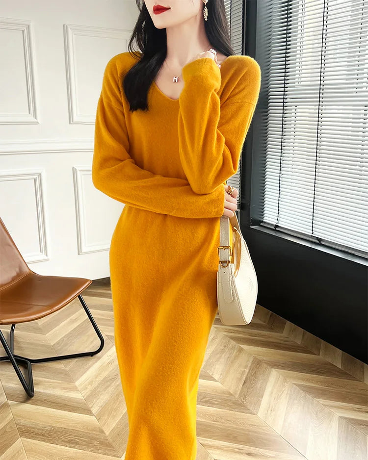 Wool V-Neck Long Sweater Dress
