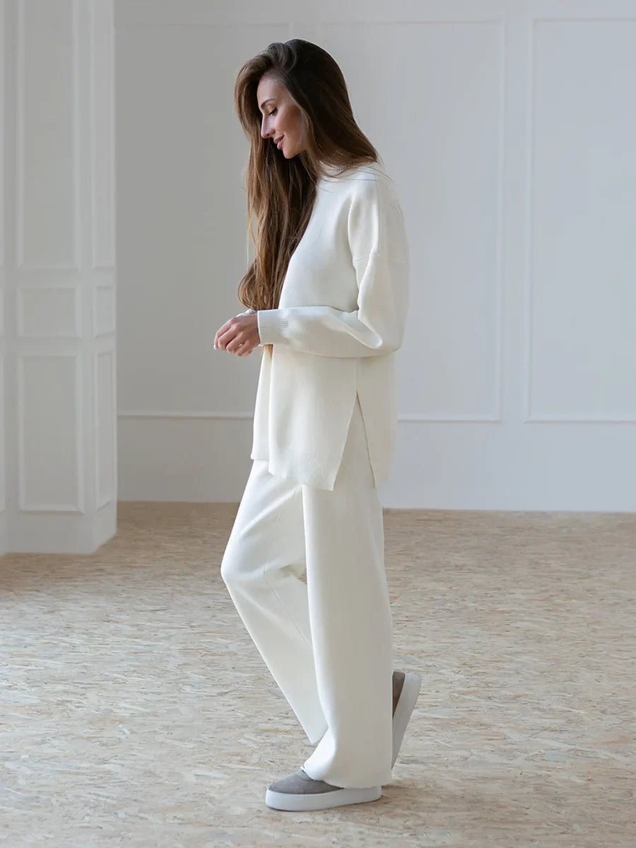 Half Turtleneck Sweater & Wide Leg Pants Knitted Set