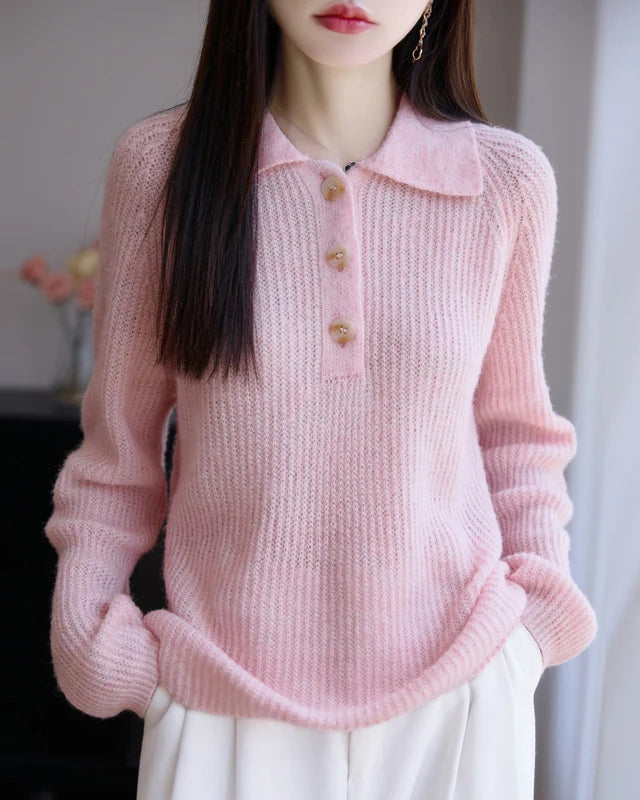 Merino Wool Hollow Polo Collar Loose Thick Knit Pullover