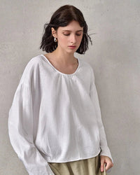 Fashionable Linen U-Neck Long-Sleeved Shirt