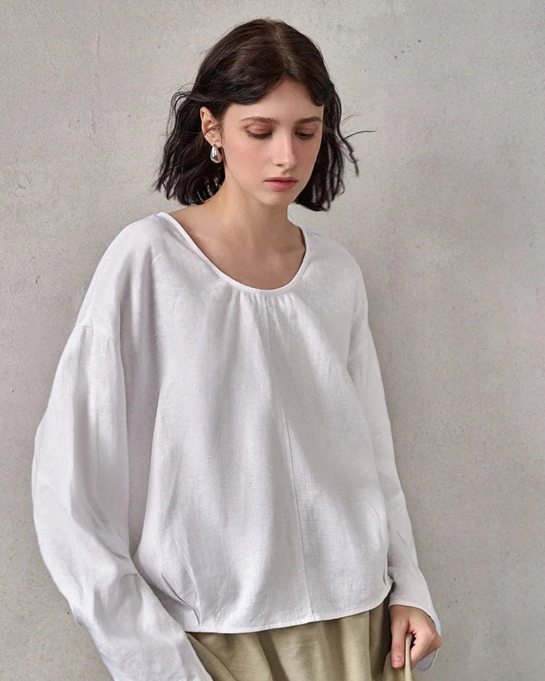 Fashionable Linen U-Neck Long-Sleeved Shirt