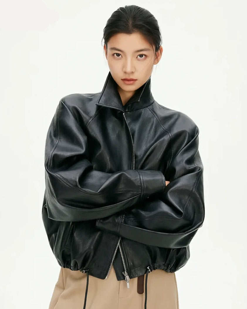 Loose-Fit Zip-Up PU Leather Short Jacket