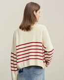 Dropped-Shoulder V-Neck Striped Cardigan Sweater